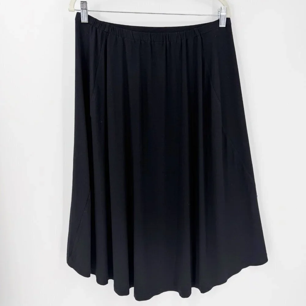 Eileen Fisher L Black A-Line Modest Knee Length Stretch Knit Skirt Minimalist